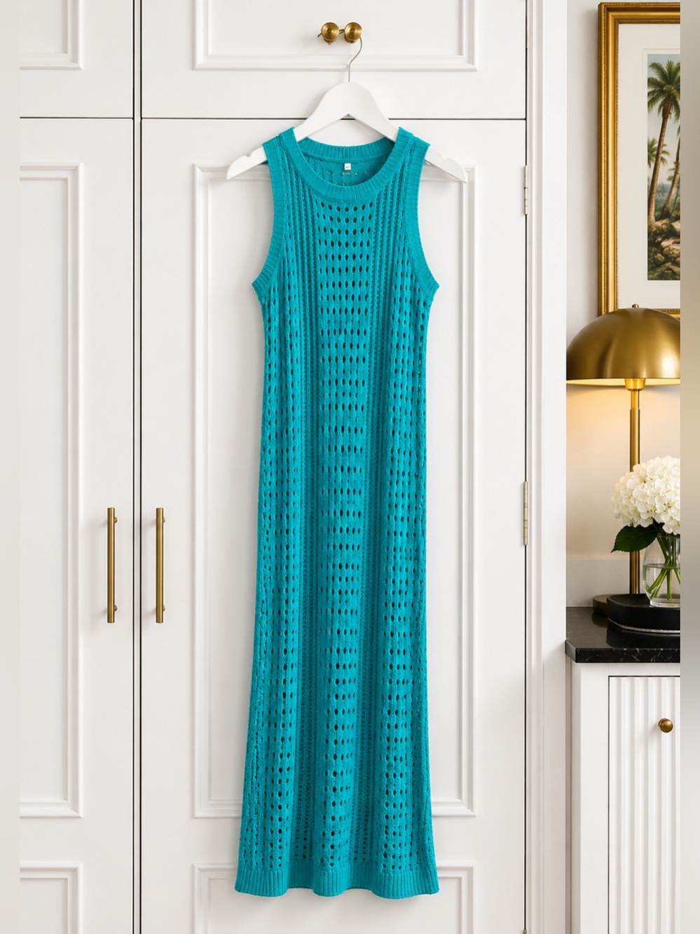 Teal Open Knit Maxi Dress | Beach Cover-Up | Boho Resort Style